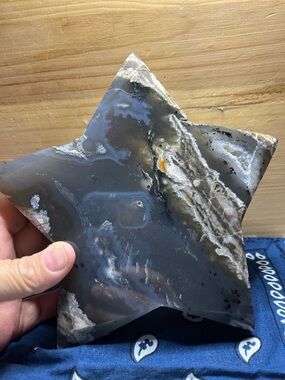 Polished Star-Shaped Volcano Agate Display - Gray & Cream Tones